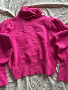 French Connection Hot Pink Puff Sleeve Soft Knit Turtleneck Sweater